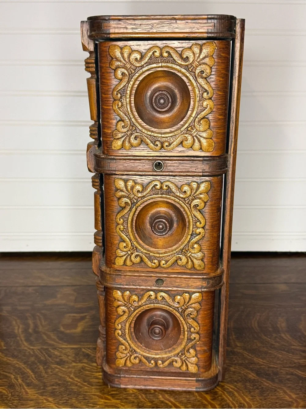 Antique Sewing Machine Drawer Cabinet: Carved Wooden Display Boxes, Ornate